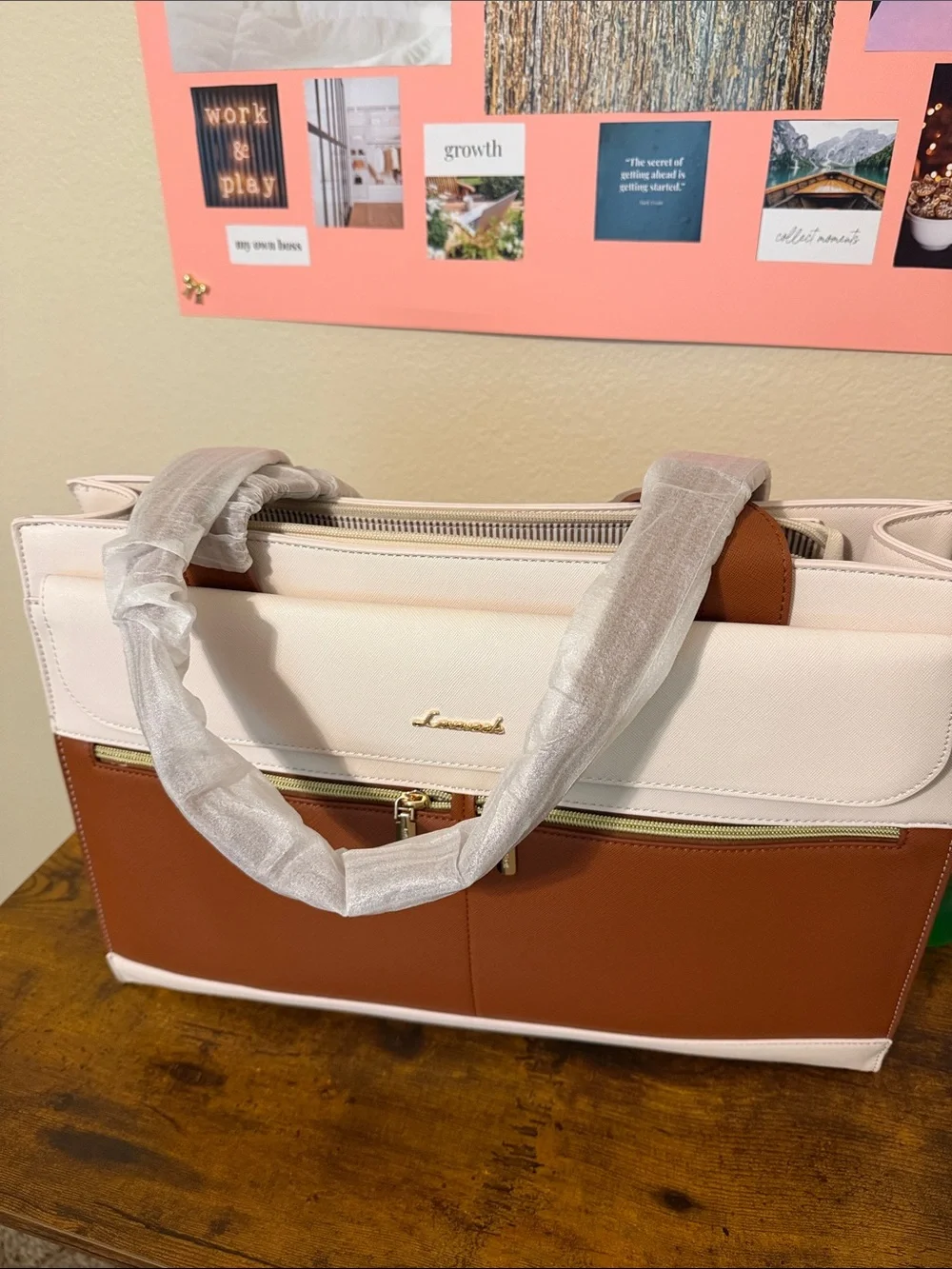 Two-Tone Cream and Brown Laptop Tote with Front Zip Pocket